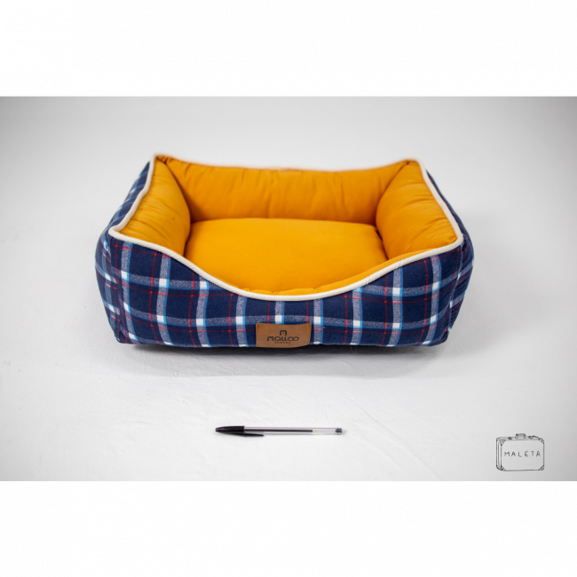 CAMA DE CACHORRO AMARELO E AZUL ESCURO