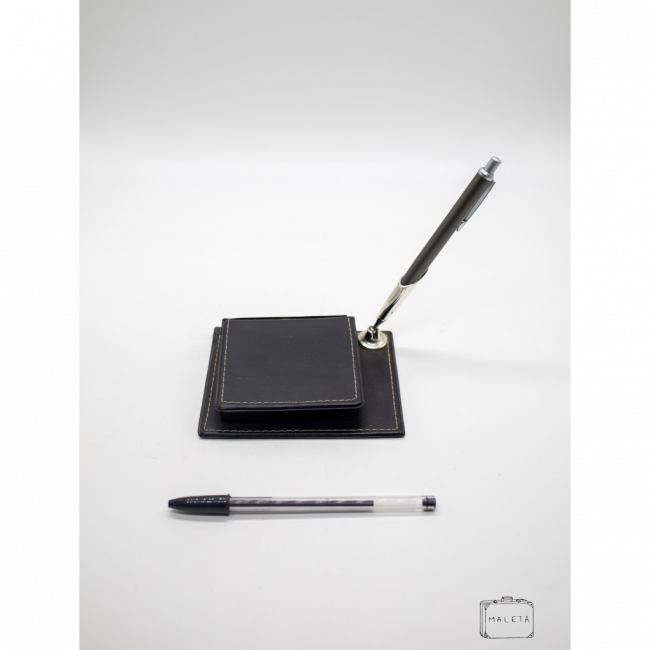 PORTA POST-IT COM CANETA DE COURO PRETO
