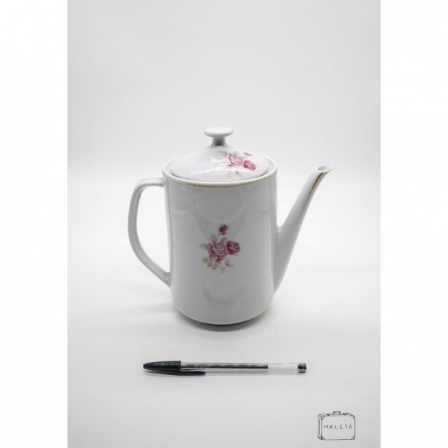 BULE DE CHÁ CERÂMICA BRANCO ESTAMPA FLORES