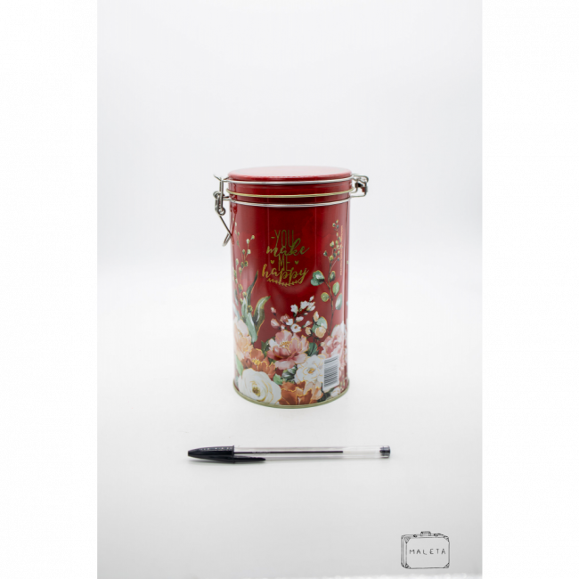 LATA BISCOITO VERMELHA FLORAL