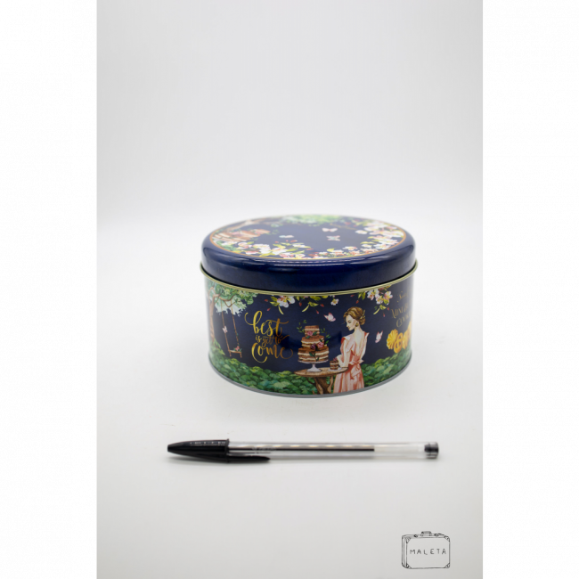 LATA BISCOITO AZUL ROYAL FLORAL