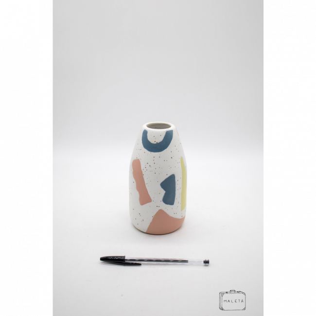 VASO CERÂMICA CONE BRANCO DETALHES COLORIDO