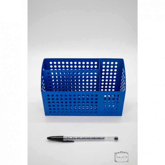 PORTA CANETAS METAL AZUL COM FURINHOS