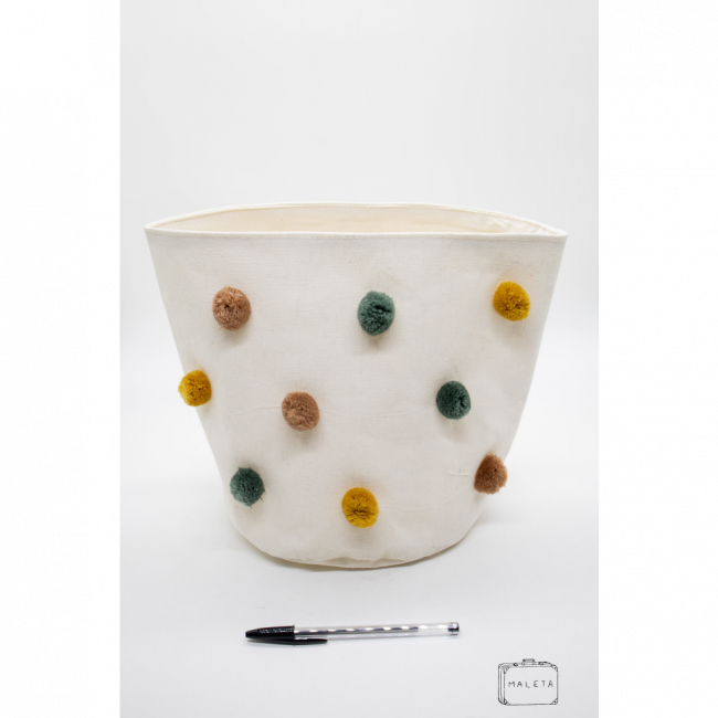 CESTO ORGANIZADOR REDONDO TECIDO CRU COM POMPONS COLORIDOS