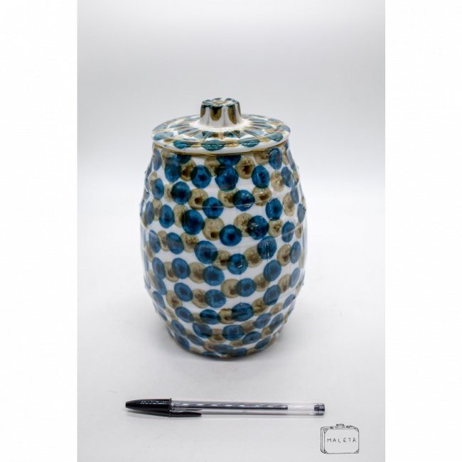 VASO CERÂMICA URNA BRANCO DETALHES AZUL E VERDE OLIVA