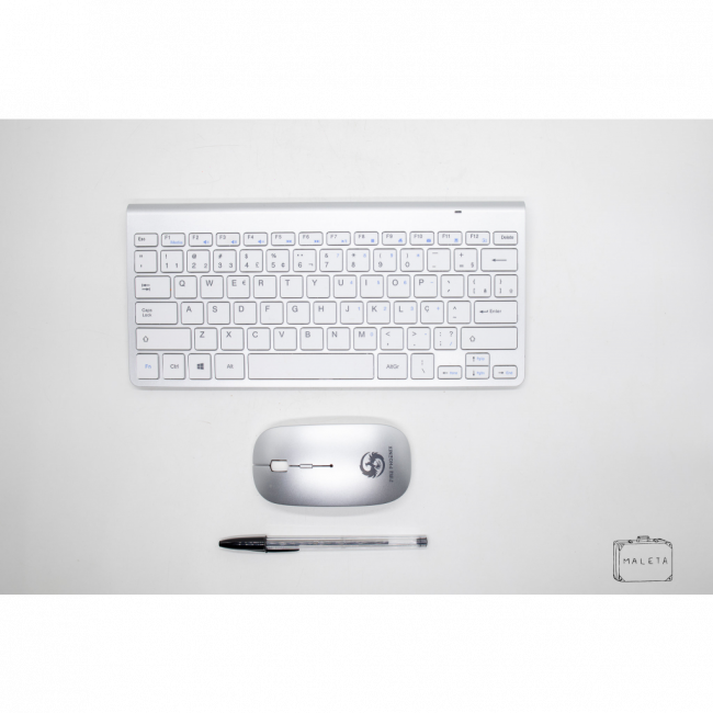 TECLADO E MOUSE SEM FIO BRANCO COM DETALHES PRATA