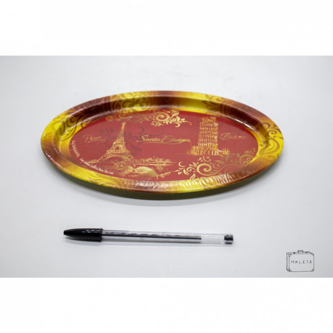 BANDEJA OVAL DE METAL VERMELHA COM DETALHES DOURADOS