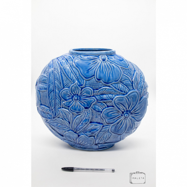 VASO CERÂMICA AZUL TEXTURADO FLORAL DECORAÇÃO