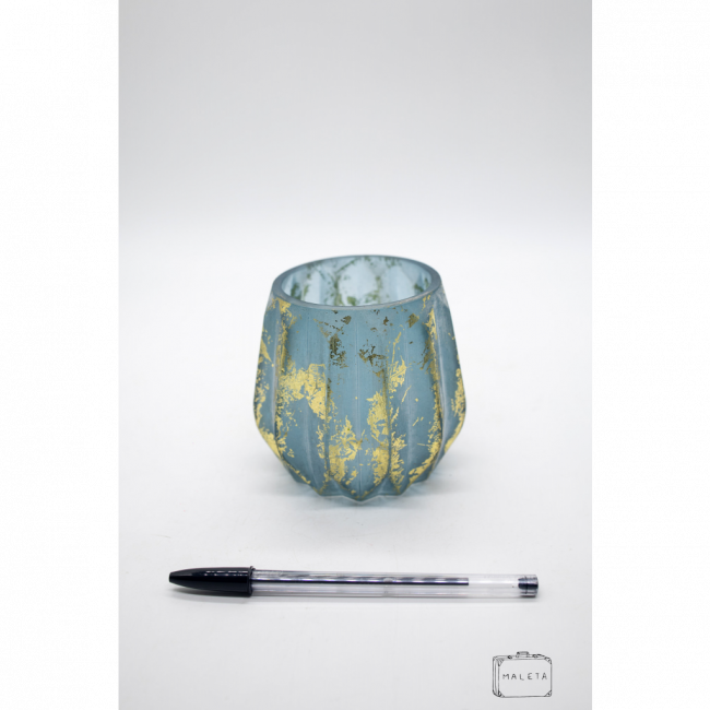 VASO VIDRO AZUL JATEADO COM DETALHES DOURADO