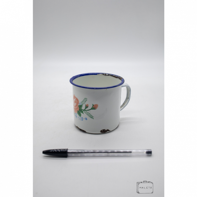 CANECA DE ÁGATA BRANCA ESTAMPA FLOR SALMÃO
