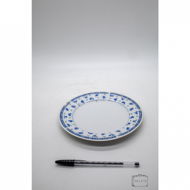 PRATO SOBREMESA CERÂMICA BRANCO DESENHO BORDA FLORES AZUIS