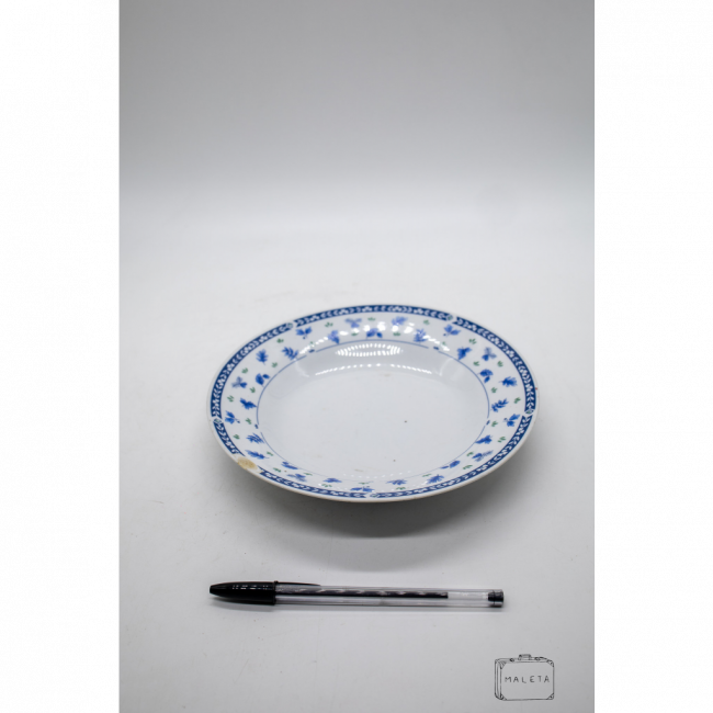 PRATO FUNDO CERÂMICA BRANCO DESENHO BORDA FLORES AZUIS