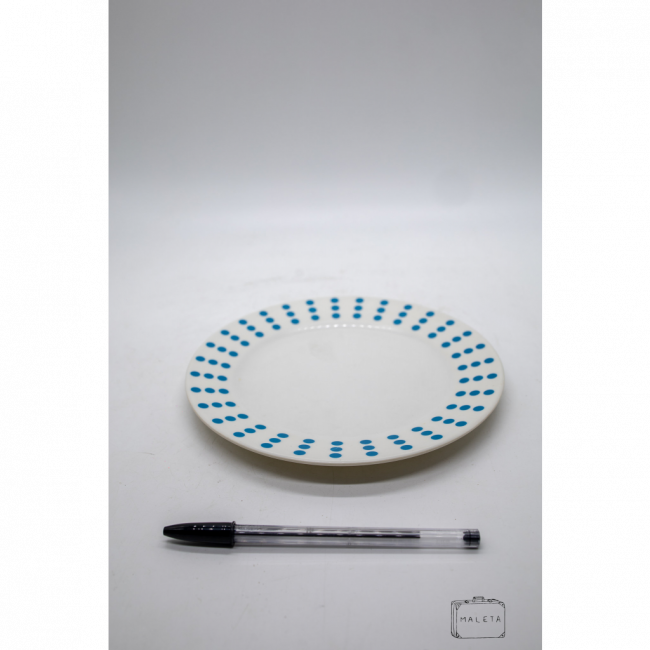 PRATO RASO ACRÍLICO BRANCO DESENHO BOLINHA AZUL