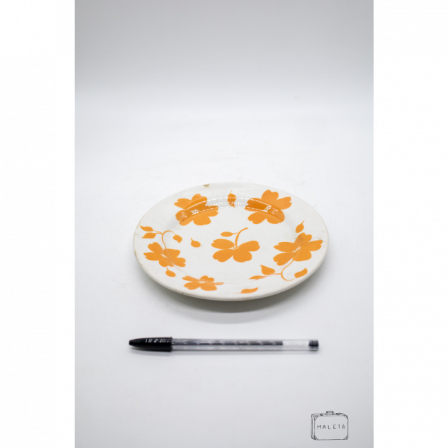 PRATO SOBREMESA CERÂMICA OFF WHITE DESENHO FLOR LARANJA