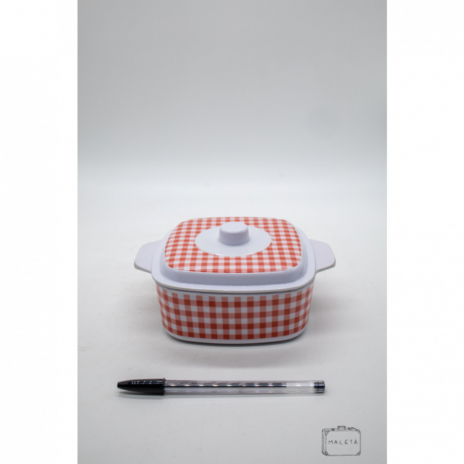 POTE PLÁSTICO BRANCO XADREZ VERMELHO COM TAMPA