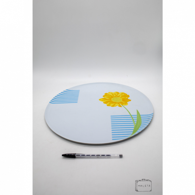 BANDEJA REDONDA ACRÍLICO BRANCA DESENHO FLOR AMARELA