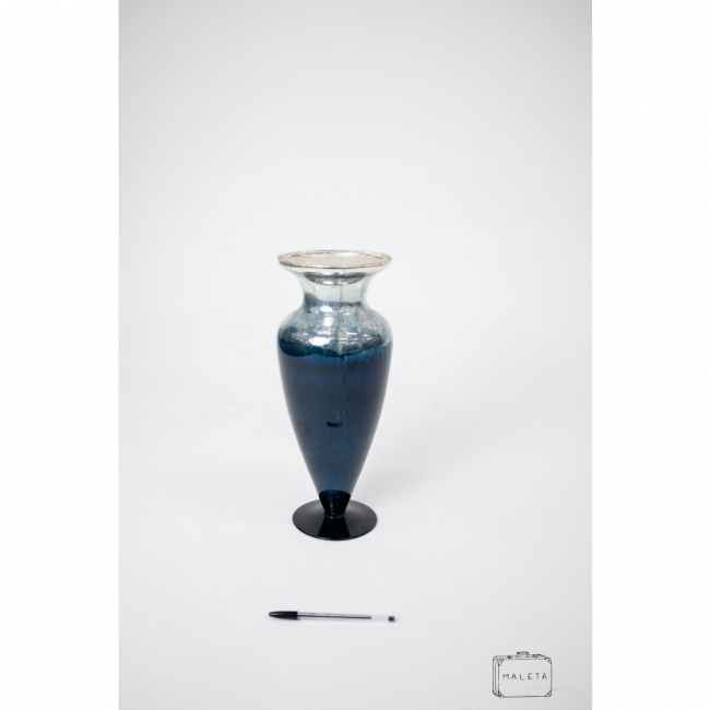 VASO VIDRO AZUL DETALHE PRATA