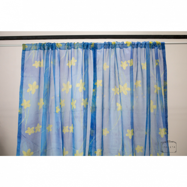 CORTINA VOIL AZUL ESTAMPA FLORES AMARELA - 1,40X1,30