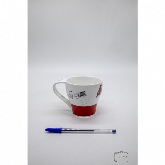 CANECA CERÂMICA BRANCA DESENHOS CARROS DETALHE VERMELHO