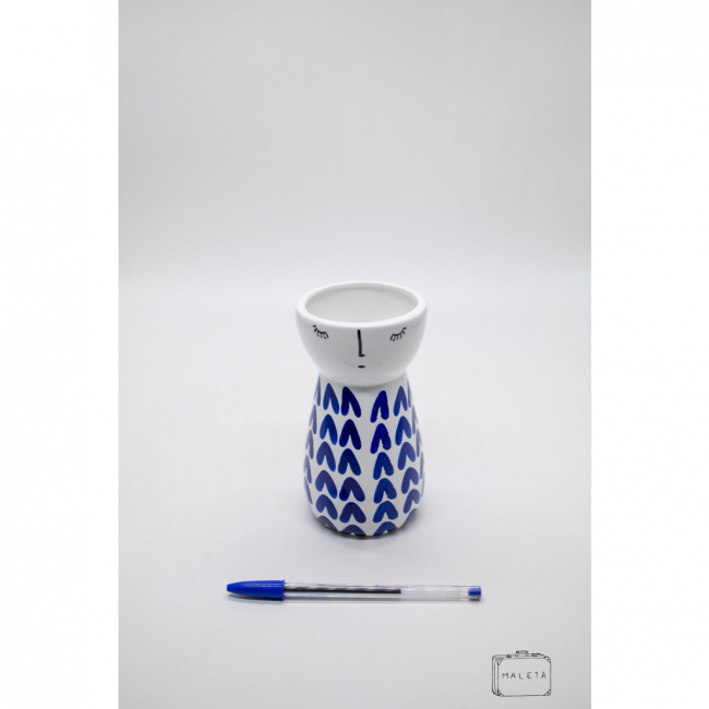 VASO CERÂMICA BRANCA DESENHOS CORAÇÃO AZUL