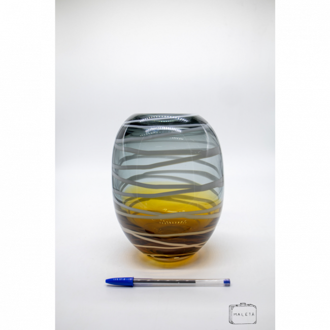 VASO VIDRO BOJUDO FUMÊ DEGRADÊ MARROM LISTRAS BRANCAS