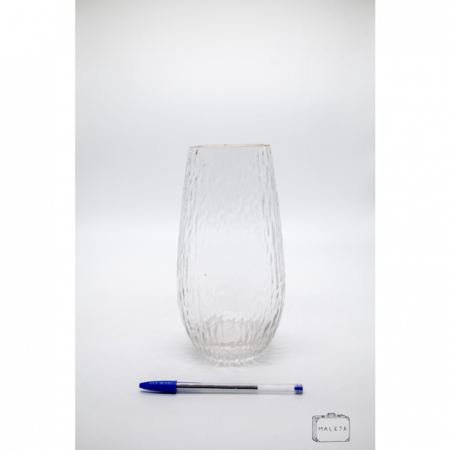 VASO VIDRO TEXTURADO TRANSPARENTE BORDA DOURADA