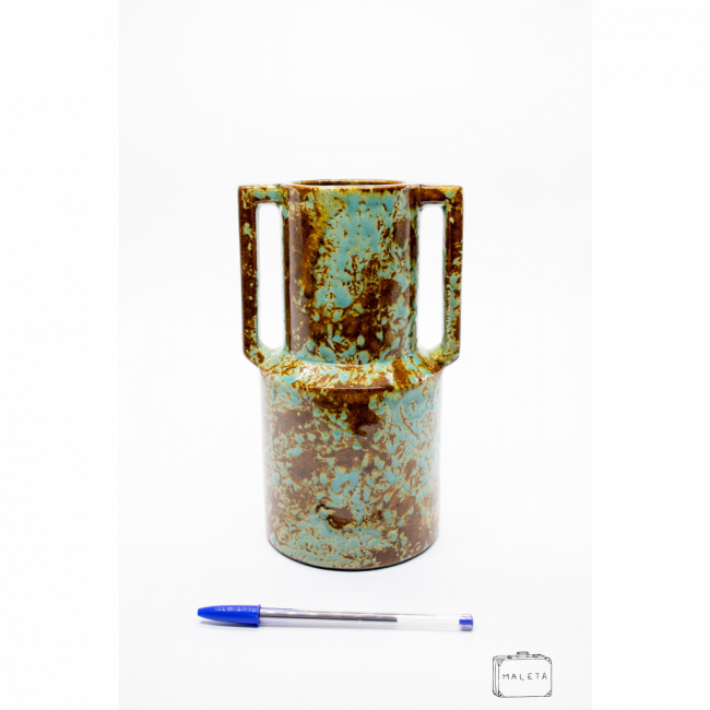 VASO CERÂMICA VERDE DETALHES MARROM DUAS ALÇAS