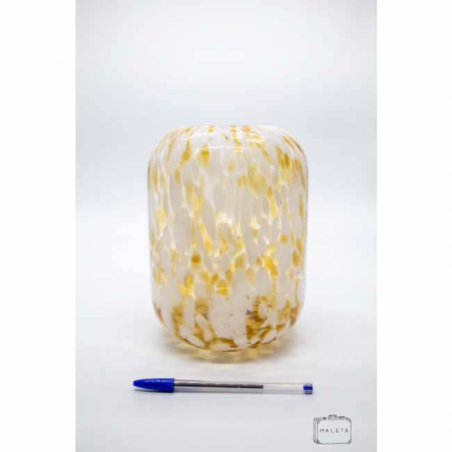 VASO VIDRO BOJUDO AMARELO DETALHES BRANCO