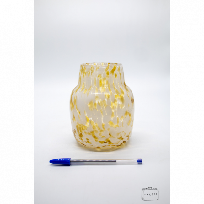 VASO VIDRO AMARELO DETALHES BRANCO BAIXO