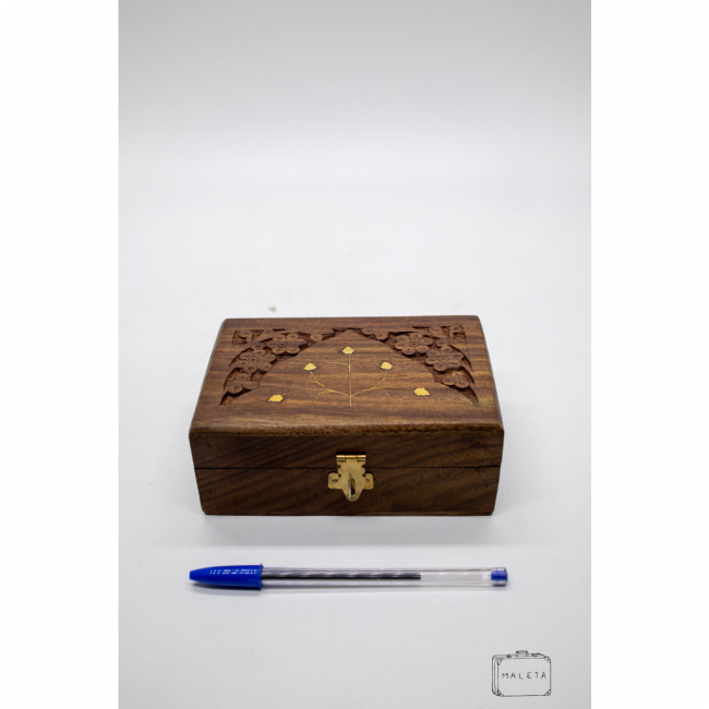 CAIXA RETANGULAR DECORATIVA MADEIRA ENTALHADA DETALHE DOURADO