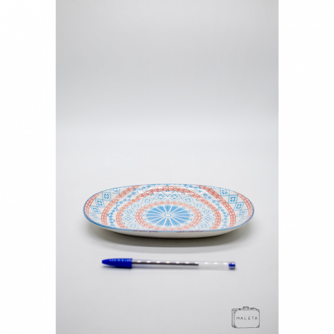 BANDEJA OVAL CERÂMICA ESTAMPADA AZUL E LARANJA MÉDIO