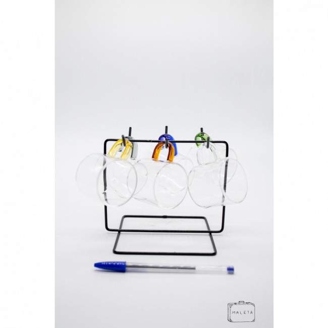 CONJUNTO XÍCARAS VIDRO ALÇAS COLORIDAS COM SUPORTE METAL PRETO SETE PEÇAS