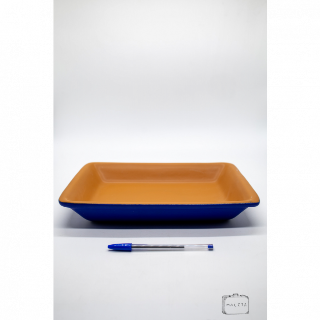 TRAVESSA RETANGULAR CERÂMICA AZUL ROYAL INTERIOR LARANJA – GRANDE