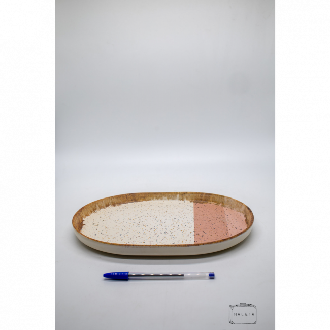 BANDEJA OVAL CERÂMICA BRANCA DETALHES ROSA – MÉDIO