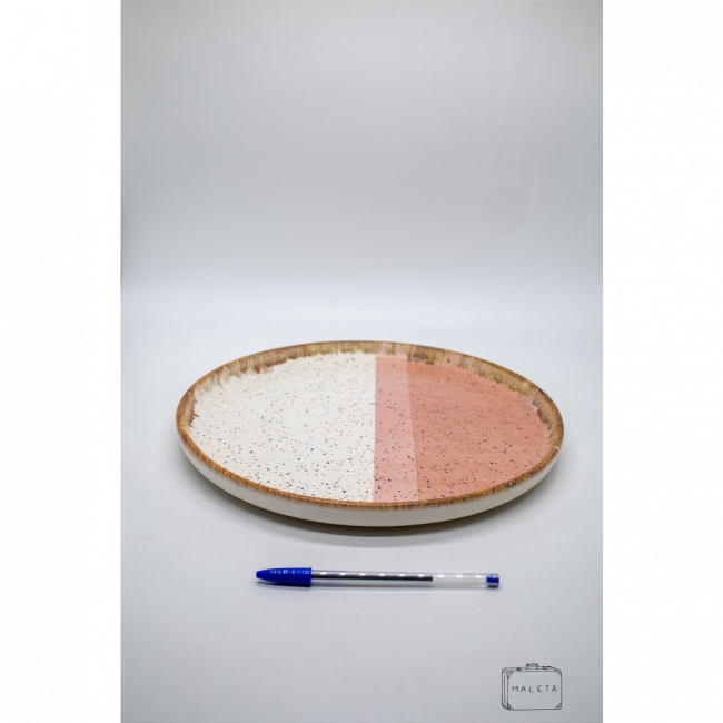 BANDEJA REDONDA CERÂMICA BRANCA DETALHES ROSA – GRANDE
