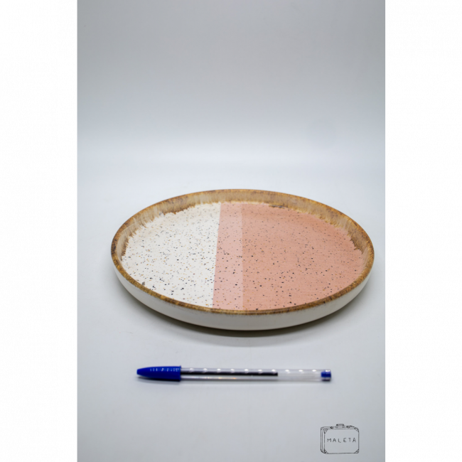 BANDEJA REDONDA CERÂMICA BRANCA DETALHES ROSA – MÉDIO