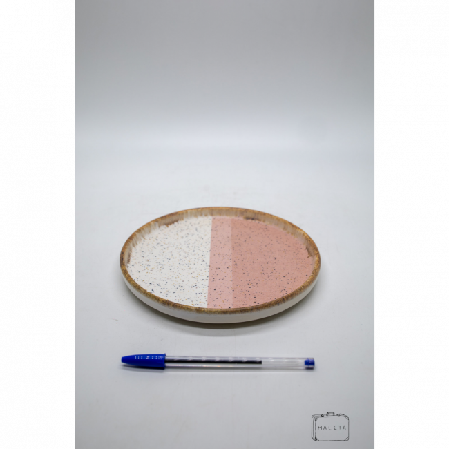 PRATO RASO CERÂMICA SOBREMESA BRANCO DETALHES ROSA
