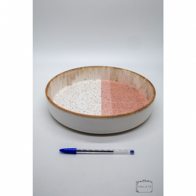 TIGELA REDONDA CERÂMICA BRANCA DETALHES ROSA – GRANDE