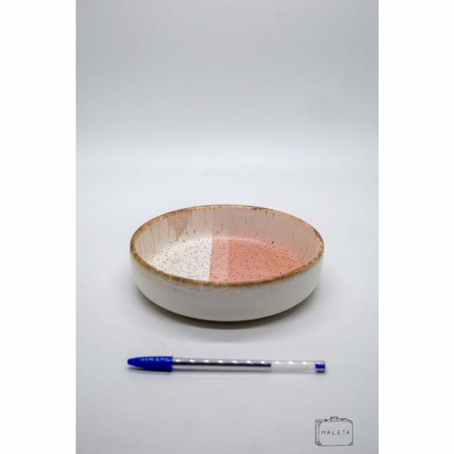 TIGELA REDONDA CERÂMICA BRANCA DETALHES ROSA – MÉDIO