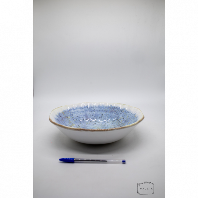 TIGELA CERÂMICA ORGÂNICA BRANCA INTERIOR AZUL BORDA DOURADA – GRANDE