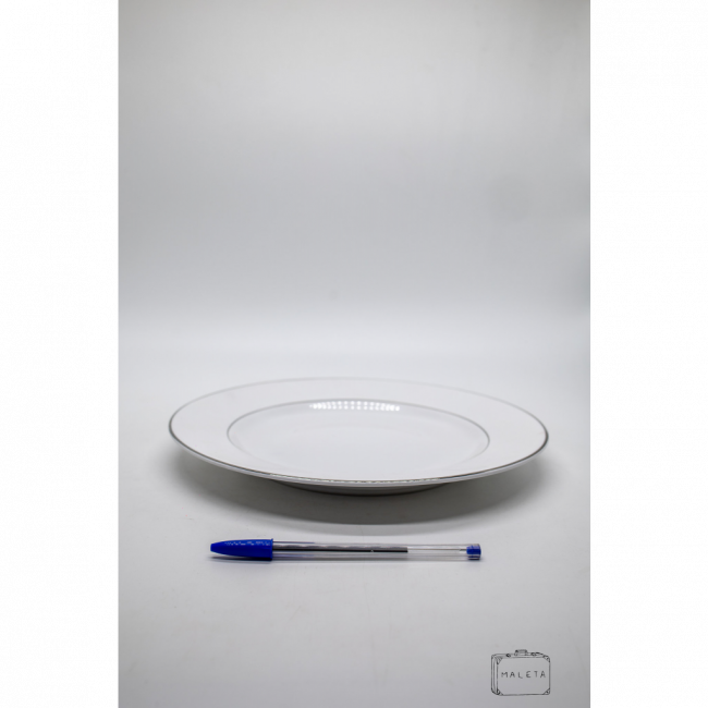 PRATO RASO CERÂMICA BRANCO DETALHES PRATA