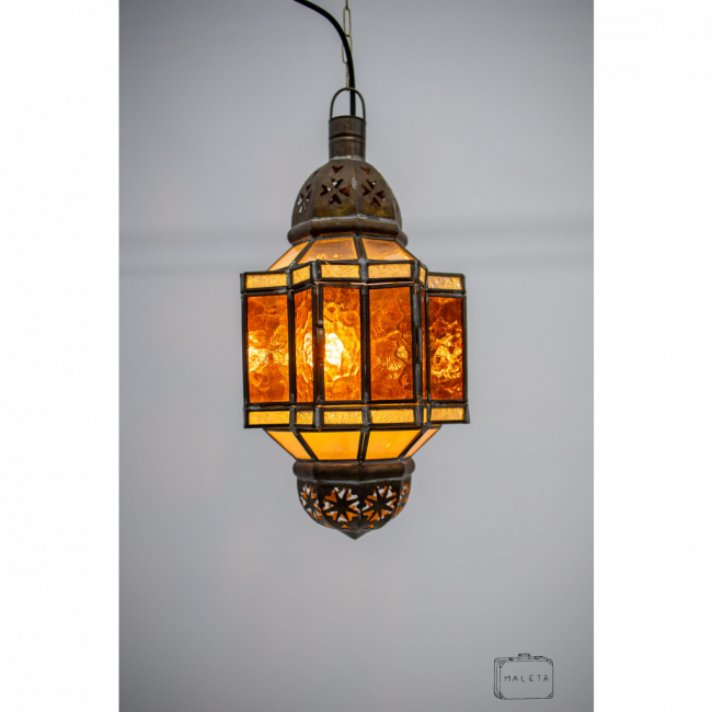 LUMINÁRIA PENDENTE VITRAL MARROM METAL OURO VELHO