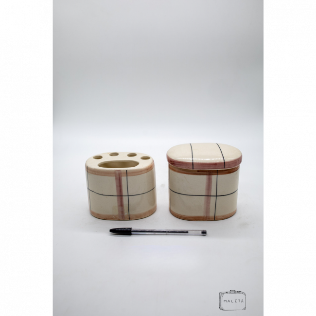 PORTA ESCOVA DE DENTE E PORTA ALGODÃO CERÂMICA OFFWHITE XADREZ ROSA – LS