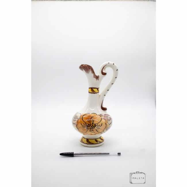 JARRO CERÂMICA COM ALÇA BRANCO ESTAMPA FLOR MARROM