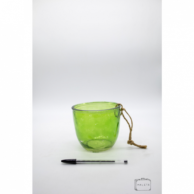 CACHEPÔ VIDRO VERDE COM ALÇA DE CORDA