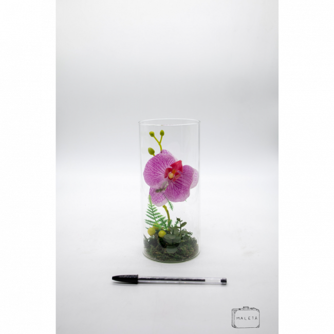 VASO VIDRO COM FLOR ROSA