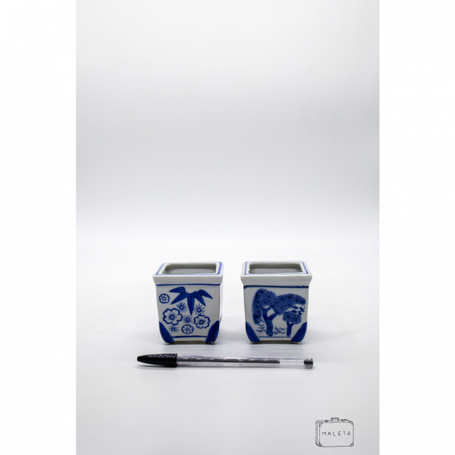 VASO CERÂMICA QUADRADO BRANCO ESTAMPA AZUL