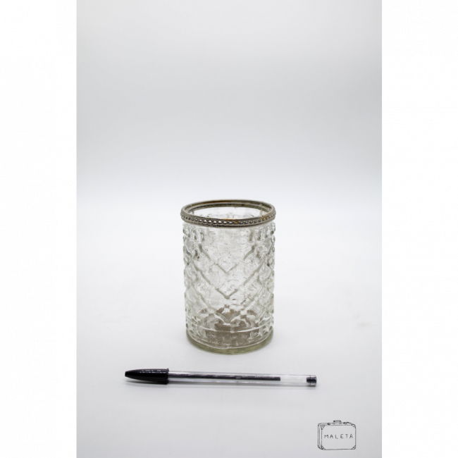 CACHEPÔ VIDRO TEXTURADO BORDA METAL COM BOLINHAS – PEQUENO