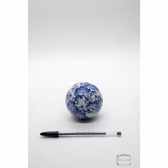 BOLA DECORAÇÃO CERÂMICA BRANCA ESTAMPA FLORES AZUL