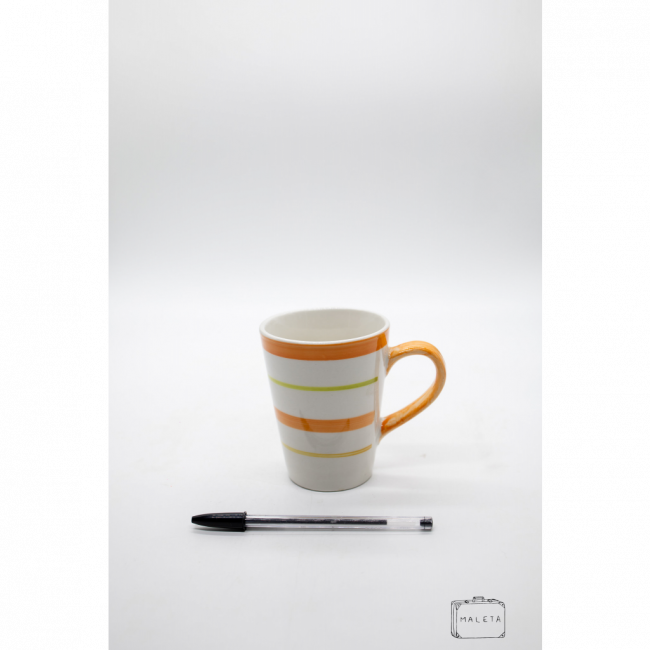 CANECA CERÂMICA BRANCA COM LISTRAS LARANJA E VERDE